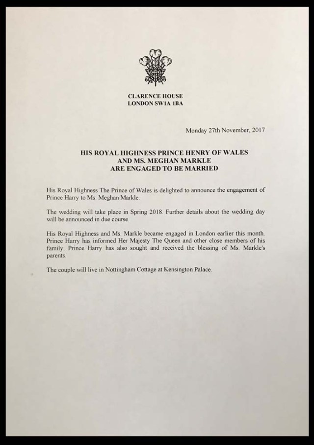 The official statement letter released by Britain's Prince Charles announcing the engagement of his son Prince Harry to Meghan Markle is pictured in London, Britain November 27, 2017. REUTERS/Simon Walker