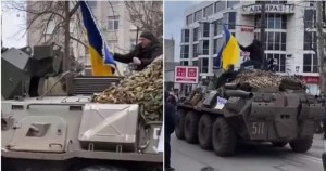 Los rusos entraban a su ciudad y los desafió subiendo con la bandera de Ucrania a un tanque en movimiento (VIDEO)